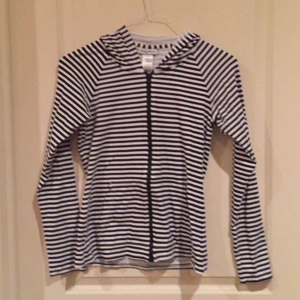 Black & white long sleeve striped hooded cover up